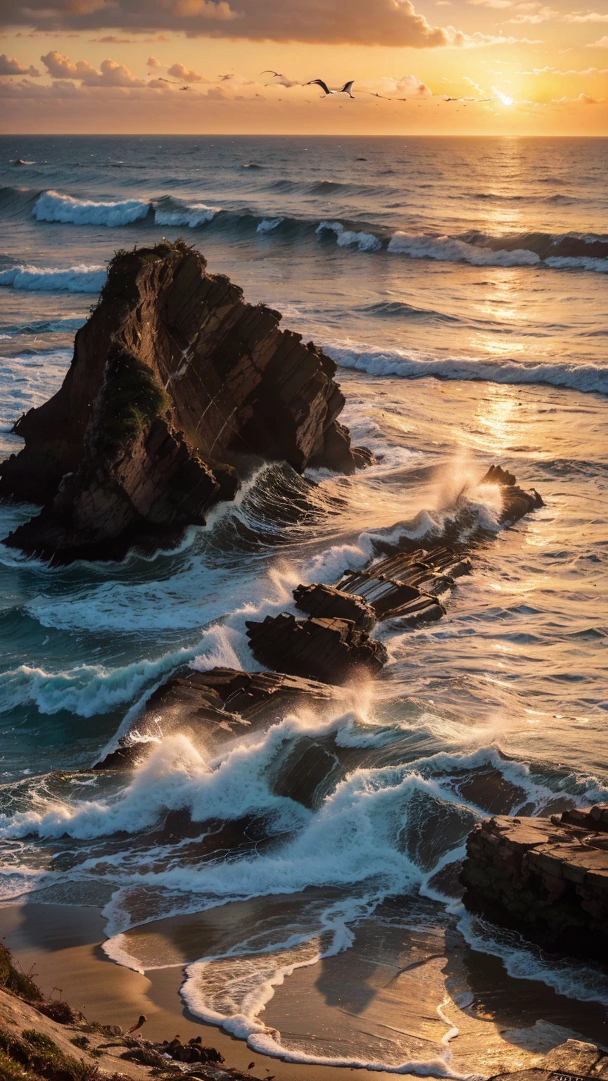 detailed seaside beautyfull, scenic ocean view, dramatic waves crashing on rocks, beautiful sunset sky with warm colors, sandy beach with driftwood, silhouettes of seagulls flying, cinematic lighting, vibrant colors, photorealistic, fantastic