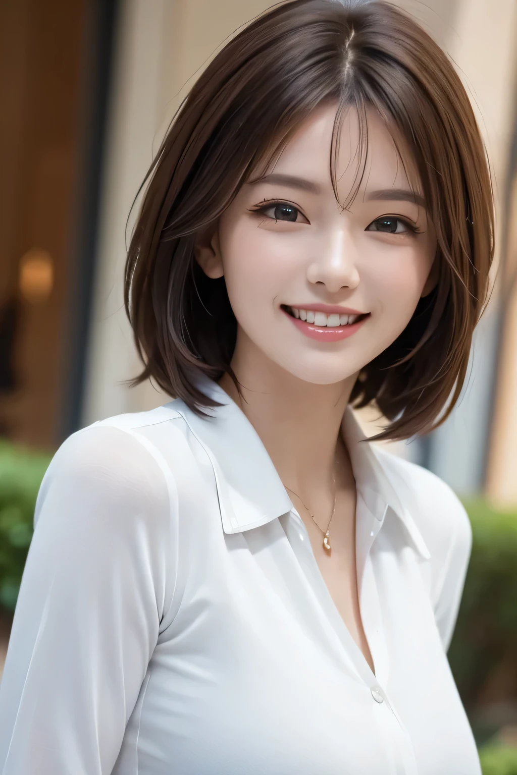 ((masterpiece)), ((Highest quality)), ((Complex)), ((Surreal)), (Realistic), (Mature Woman), ((No classes)), Very detailed, (1 female), Beautiful and exquisite, (Beautiful Teeth), Grin, Brunette Bob Hair, Brown eyes, ((blouse)), (Upper Body), (background:none), Perfect Eyes, Captivating eyes, Looking at the audience