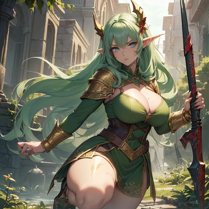 ((1 woman in medieval armor)),((huge breasts, naked pussy)),((in a forest)),((slutty look, ashamed face)),((with lots of bubian hair)),( (green hair with shags, pink eyes)),((facing the viewer, with legs open showing her pussy, with a sword on her back)),