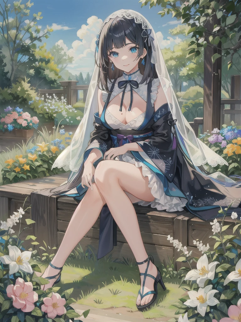 (Realistic:1.3), In detail, quality, Rembrandt Lighting, (masterpiece:1.2), (photoRealistic:1.2), (best quality), (Detailed skin:1.3), (Intricate details), dramatic, Ray Tracing, One girl, Japanese Girls, 21 years old, Detailed skin texture, (blush:0.5), (It gives me goosebumps:0.5), Scattered beneath the surface, smile, Medium chest, Very long hair, Blunt bangs, Lolita_dress, Have, Veil, ribbon, bow, Frills, Puff sleeves, See through, race, stockings, High heels, whole body, (Sitting, Outdoor, Bright sunny day, garden, cloud, Flowers, wood),  