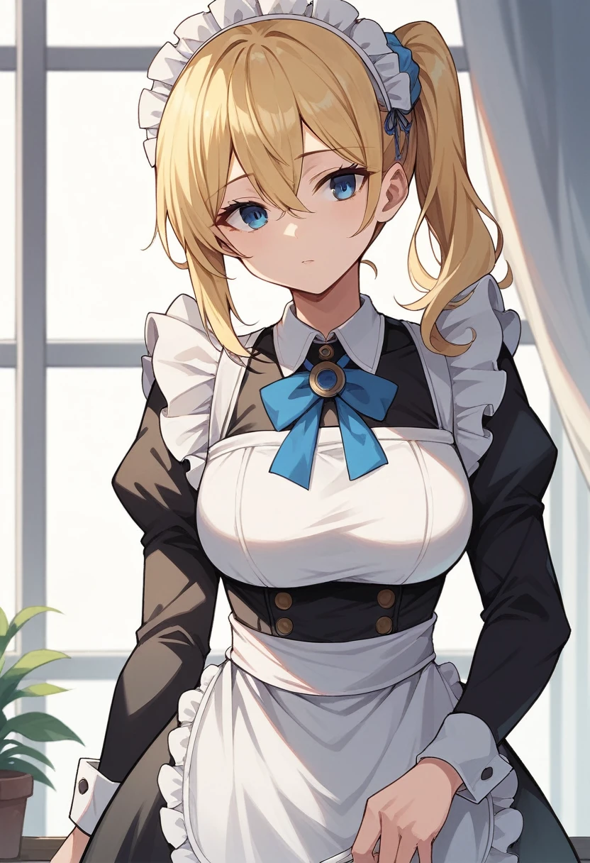masterpeace, best quality, highres, 1girl, hayasaka ai, solo, blonde hair, maid, blue eyes, side ponytail, hair scrunchie, hair ornament, blue scrunchie, maid headdress, apron, hair between eyes, breasts, long sleeves, bangs, white shirt, black dress, sidelocks, maid apron, black pantyhose, cowboy shot,