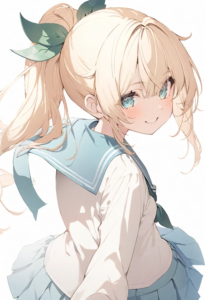 (muste piece), (best quality), (score_9, score_8_up, score_7_up), very detailed eyes, expressive eyes, perfect face, very detailed face, highly detailed face, beautiful girl, 8K, beautiful girl, white background, delicate and beautiful face and eyes, dark intense shadow,
1 girl, vtuber style, cool girl, hololive, Kazama Iroha, blond hair, ponytail, school unifrom, long sleeves, serafuku, pleated skirt, short leggings, cameltoe, small chest, smile, ass, ass visible through thighs, (full body), standing, ass focus, from back,