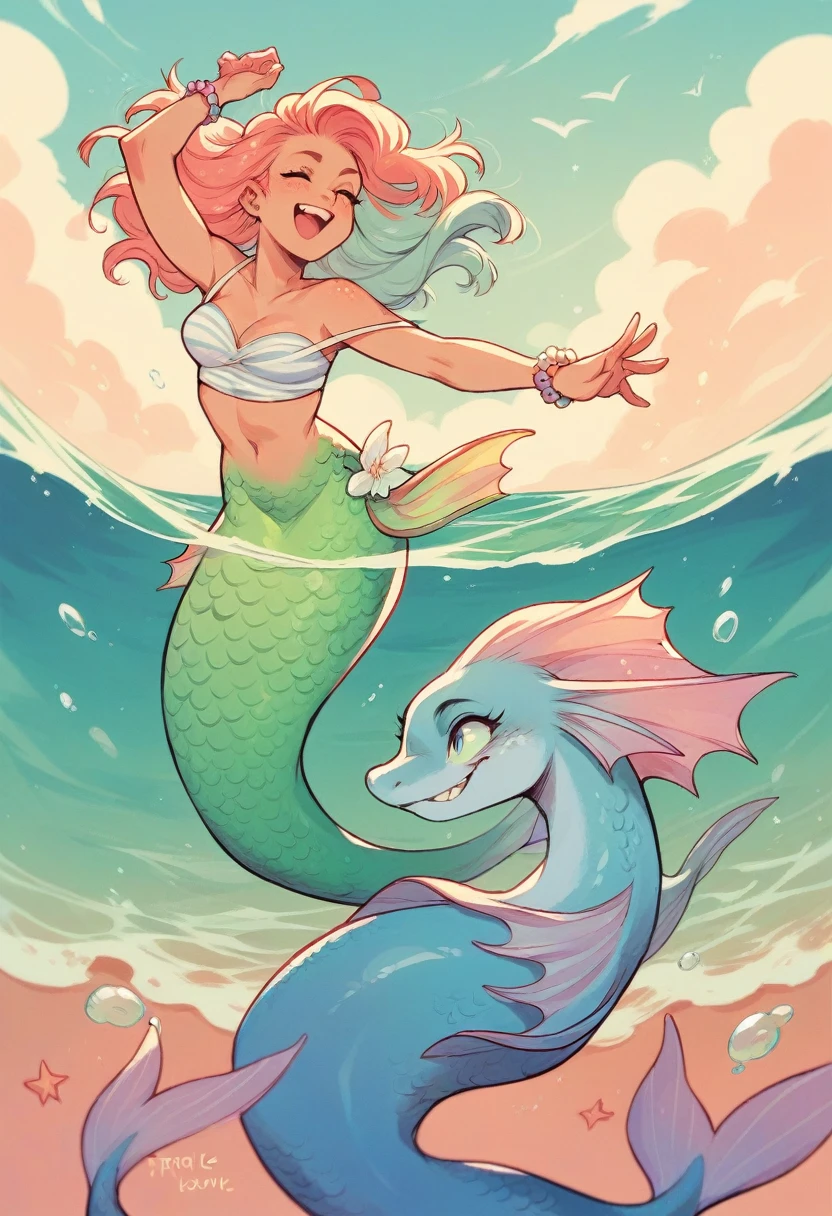 Girl, mermaid, pastel, sea, tropic