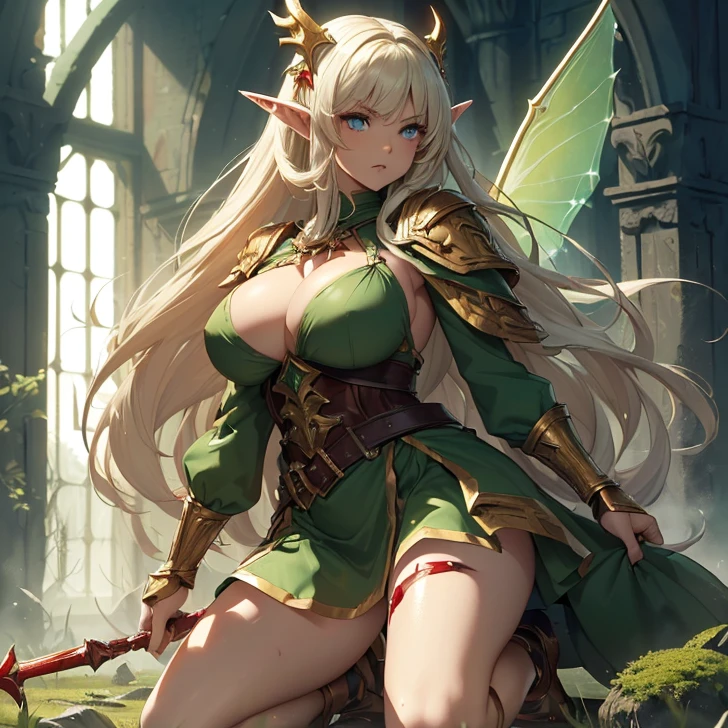(absurdres, high fantasy artwork, best high quality image, carefuly detailed, very detailed features and textures, alone solo character, full body view, warhammer fantasy aesthetic)
{{(1character: 26 years old elf girl, (tall voluptuous body, long straight golden hair with blood, with blood short pointy ears with blood, ligh blue eyes, big breasts, beautiful legs, beautiful arms, combat pose, serious aggresive demeanor), (ligh-armor with blood, green fairy short dress with blood, green scarf with blood, white long sleeves with blood, green heeled shoes, golden elvish long-bow)), (Greek garden battle)}}