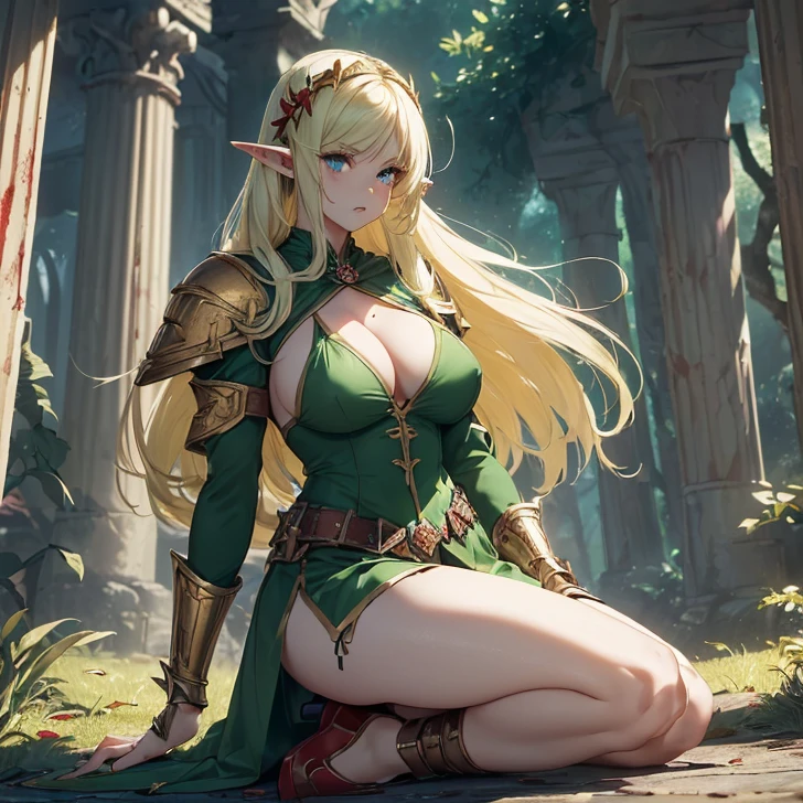 (absurdres, high fantasy artwork, best high quality image, carefuly detailed, very detailed features and textures, alone solo character, full body view, warhammer fantasy aesthetic)
{{(1character: 26 years old elf girl, (tall voluptuous body, long straight golden hair with blood, with blood short pointy ears with blood, ligh blue eyes, big breasts, beautiful legs, beautiful arms, combat pose, serious aggresive demeanor), (ligh-armor with blood, green fairy short dress with blood, green scarf with blood, white long sleeves with blood, green heeled shoes, golden elvish long-bow)), (Greek garden battle)}}