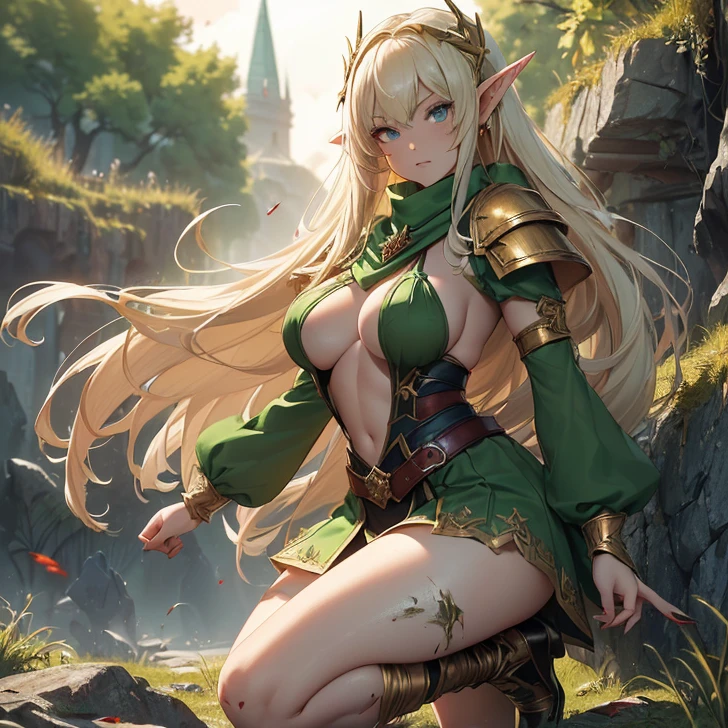 (absurdres, high fantasy artwork, best high quality image, carefuly detailed, very detailed features and textures, alone solo character, full body view, warhammer fantasy aesthetic)
{{(1character: 26 years old elf girl, (tall voluptuous body, long straight golden hair with blood, with blood short pointy ears with blood, ligh blue eyes, big breasts, beautiful legs, beautiful arms, combat pose, serious aggresive demeanor), (ligh-armor with blood, green fairy short dress with blood, green scarf with blood, white long sleeves with blood, green heeled shoes, golden elvish long-bow)), (Greek garden battle)}}