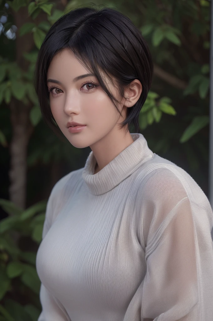 (masterpiece:1.3), (8k, photorealistic, RAW photo, best quality: 1.4), (1girl), beautiful face, (realistic face), (black hair, short hair:1.3), beautiful hairstyle, realistic eyes, beautiful detailed eyes, (realistic skin), beautiful skin, (sweater), absurdres, attractive, ultra high res, ultra realistic, highly detailed, golden ratio