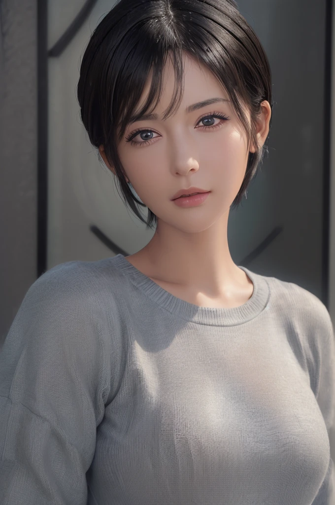 (masterpiece:1.3), (8k, photorealistic, RAW photo, best quality: 1.4), (1girl), beautiful face, (realistic face), (black hair, short hair:1.3), beautiful hairstyle, realistic eyes, beautiful detailed eyes, (realistic skin), beautiful skin, (sweater), absurdres, attractive, ultra high res, ultra realistic, highly detailed, golden ratio