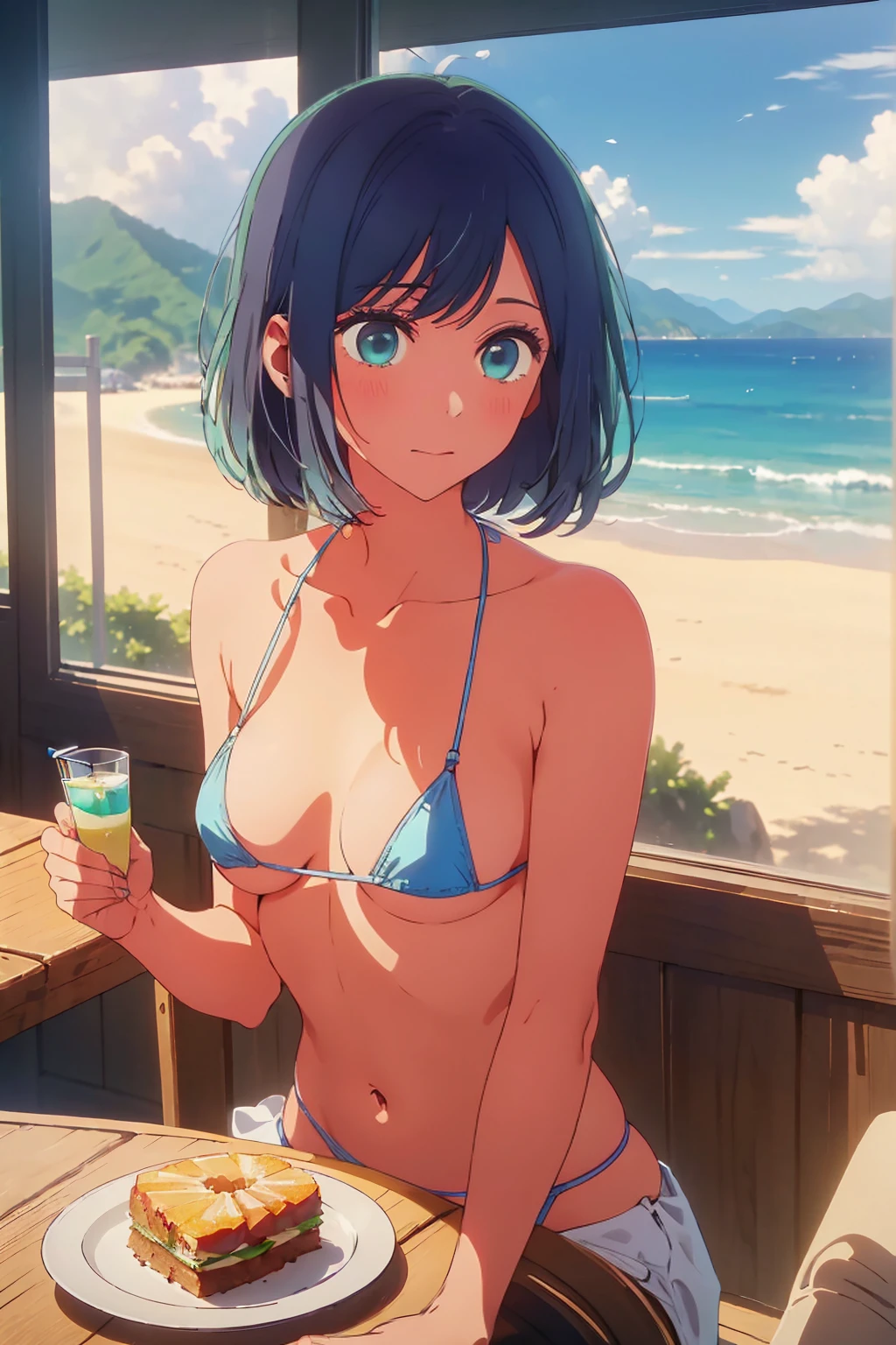(Highest quality:1.4、masterpiece:1.4、Super detailed:1.4、8k:1.4)、((((1 person、Surprised expression、sit、Cafe Terrace、coastal、juice、table、Sandy Beach、juiceのグラスを持つ、Micro Bikini、Very soft 、Big eyes、Very cute face))))、(big Areolas protrude from micro bikini:1.4)、F cup bust、Medium breast、Underboob