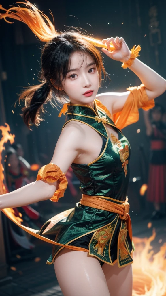 Fisheye lens with flames in background, Chinese girl dancing swords, dressed in Tang costume, a person, upward light, ray tracing, edge light, glow effect, exaggerated action, exaggerated perspective, orange, green, realistic ultra-fine rendering wind, super detail, blender, octanerending