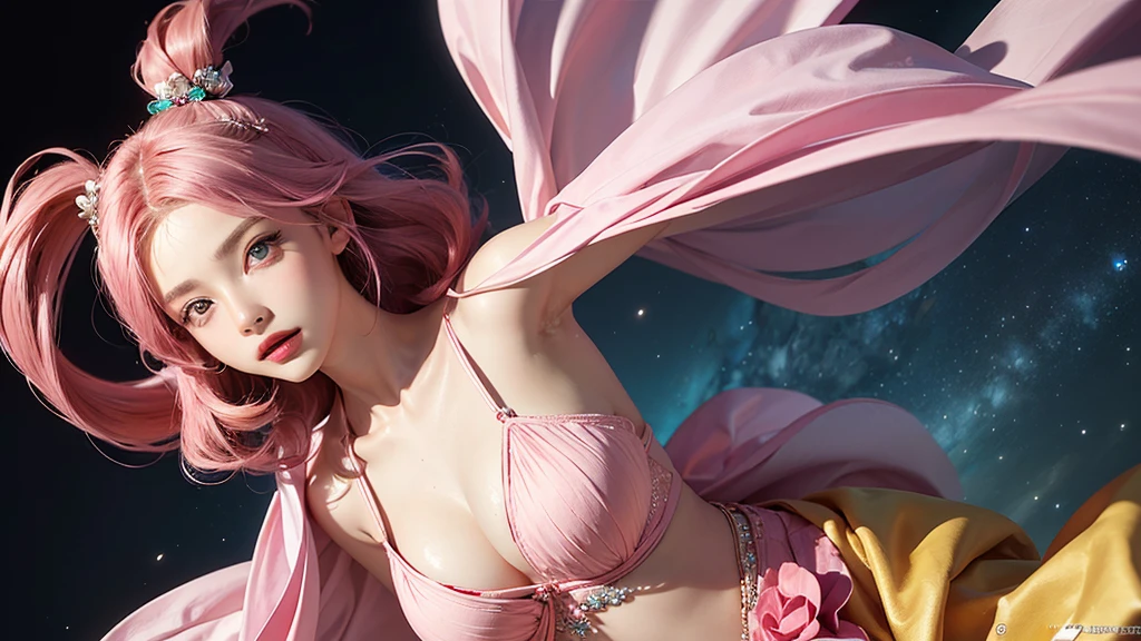 One girl, alone, flower畑, flower, (Official Art, unity 8k wallpaper, Super detailed, beautifully、aesthetic, masterpiece ,Highest quality:1.3), (Dynamic Angle:1.2), (Floating colorful sparkles:1) , elegant, Vibrant colors, Highly detailed face, Detailed eyes, Glowing Skin, Glossy Lips , Pale pink and pale orange background, Pink Hair,