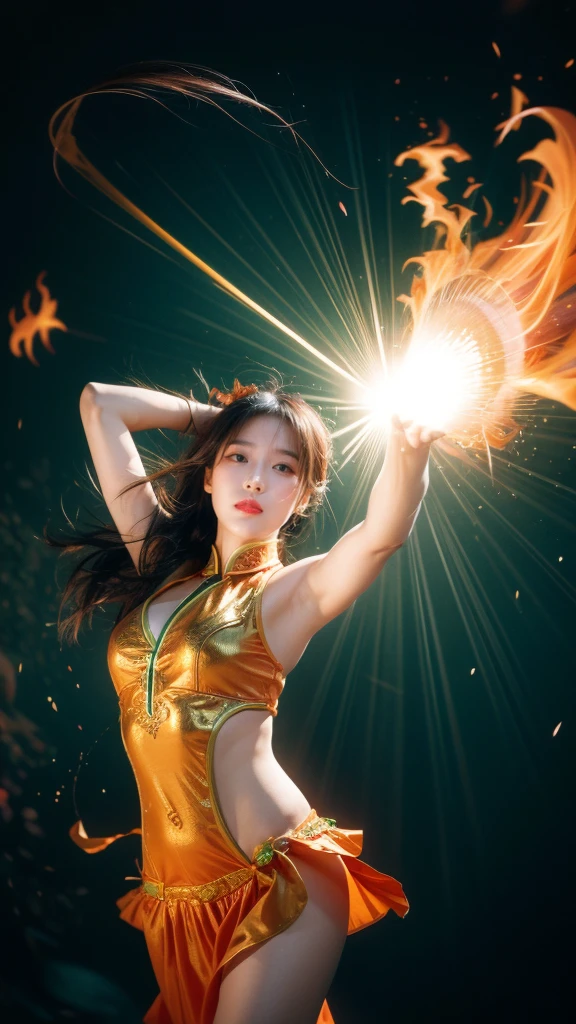 Fisheye lens with flames in background, Chinese girl dancing swords, dressed in Tang costume, a person, upward light, ray tracing, edge light, glow effect, exaggerated action, exaggerated perspective, orange, green, realistic ultra-fine rendering wind, super detail, blender, octanerending