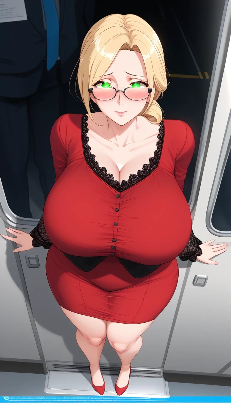 (POV from above), (Best quality: 1.5), (masterpiece: 1.5), (2.5D), (vivid colors), (1 character), (exaggerated proportions), (hentai), (perfect anatomy), ( character in center), (absurd), (4k wallpaper), (detailed eyes), (perfect hands), (perfect fingers), (beautiful skin), (glowing skin), (perfect shadows), (perfect lighting ), (full body), (beautiful eyes), (masterpiece), (voluptuous body ), (pretty face), milf adult woman, blonde hair with low and slightly disheveled ponytail, green eyes, wears glasses, wears a dress up the knee with long lace sleeves fitted at the waist and with a moderate V neckline, blushing and nervous expression, mature milf face, huge breasts, huge thighs, huge butt, voluptuous body, good proportions, she is standing on a train and a man touches her butt from behind