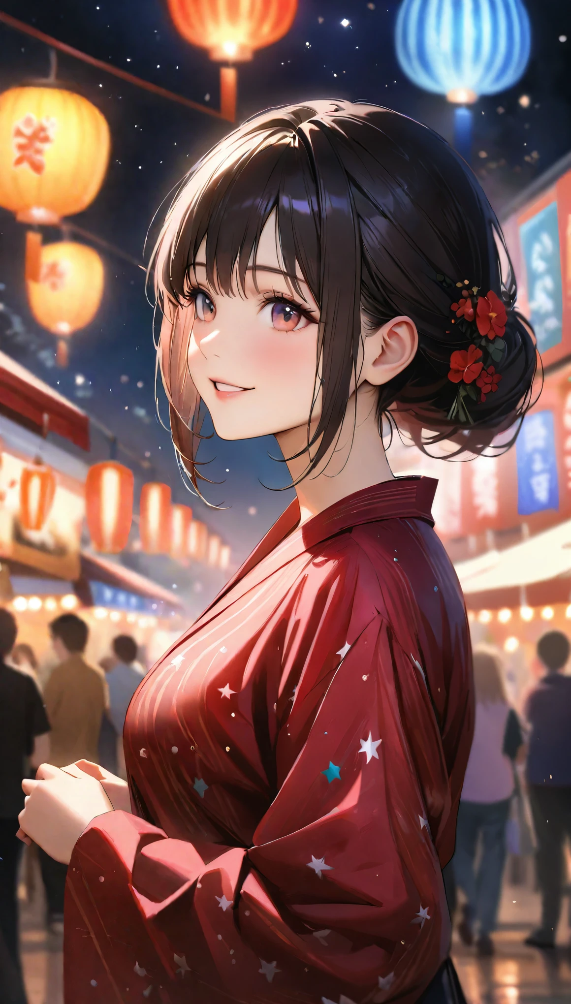 Young woman enjoying the summer festival,night, Starry Sky,Cute Yukata,Gazing at the sky,Blur the background,high school girl,smile,Highest quality, 8k, High resolution, masterpiece:1.2, Very detailed, Realistic:1.37, High resolution, 超High resolution, Ultra-fine painting, Very detailed, Professional, Vibrant colors