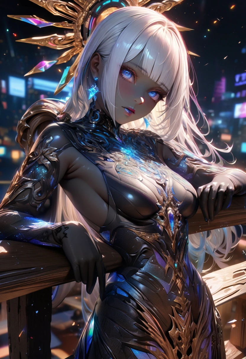 (((intricate design))) (((professional))) (((clear focus))) (((32k UHD Resolution))) (((photorealistic))) (((hyper-detail))) (((masterpiece))), ultra-realistic, a digital render, expressive eyes, perfect face, mesmerising eyes, perfectly detailed anatomy, low contrast, (((Volumetric lighting))) (((cinematic lighting))) (((sunny)) (((1female))) empyrean, empyrean being, empyrean appearance, ultra-realistic, textured skin, elegant, glamorous makeup, full body, female goddess of crystals, shattered glass, intricate design, beautiful white iridescent dress, long gloves, jewels, plastic, neon glitter, confetti, (((black skin black complexion, dark complexion, dark skin))) neon blue eyes, (((neat long straight white hair with bangs and light blue highlights))) high ponytail, white lipstick, grimoire, holding a grimoire, blue earrings, deity, neon lights, glass particles, white eyelashes, (((leaning on a fence statring into the sky))) Prismatic