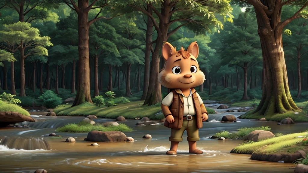 The picture shows a dense forest with large trees. In the middle of the forest, there is a river that flows clearly. Kancil is seen standing on the river bank with his ears raised, indicating that he is listening to something.