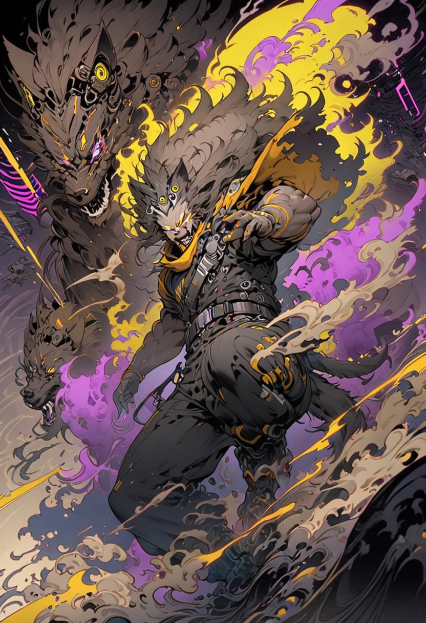 masterpiece, Game Poster, anime, 2D, figure, Digital Media, Muscular man, alone, Wolf, canid, Dark Eyes, cyber punk, coat, Black trousers, belt, Glitch, Bright Eyes, Detailed eyes, Yellow theme, Purple Theme, Color contrast, fragment, Dutch Angle, Action pose, Motion Lines, icon, (symbol:1.2)