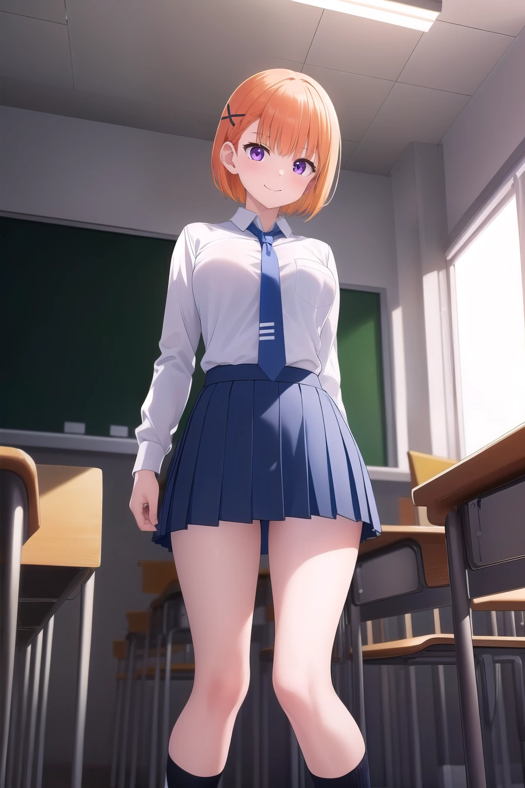 ((masterpiece)),(Highest quality),Official Art,Highly detailed CG,unity 8k wallpaper,Super detailed,Beautiful attention to detail,Highly detailed face,One girl,alone, (Portraiture:1.5),View your viewers,In-person audience,smile,yurikawa hana, (short hair: 1.2), Orange Hair,x Hair accessories,Asymmetrical bangs,Purple eyes,,Sleeves are longer than the wrist,Collared shirt,White shirt,Long sleeve,Rolled up my sleeves,Blue tie,Large Breasts, (mini skirt: 1.3), Blue Skirt, Pleated skirt,(Black high socks), loafers, full body, from below, standing, classroom