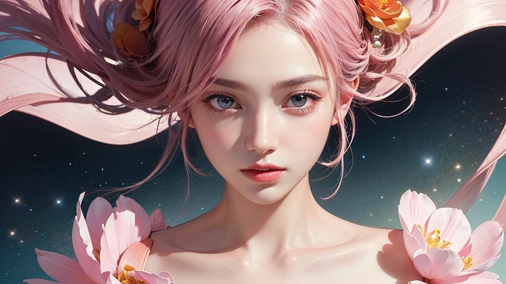 One girl, alone, flower畑, flower, (Official Art, unity 8k wallpaper, Super detailed, beautifully、aesthetic, masterpiece ,Highest quality:1.3), (Dynamic Angle:1.2), (Floating colorful sparkles:1) , elegant, Vibrant colors, Highly detailed face, Detailed eyes, Glowing Skin, Glossy Lips , Pale pink and pale orange background, Pink Hair,