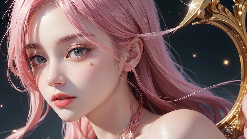 One girl, alone, flower畑, flower, (Official Art, unity 8k wallpaper, Super detailed, beautifully、aesthetic, masterpiece ,Highest quality:1.3), (Dynamic Angle:1.2), (Floating colorful sparkles:1) , elegant, Vibrant colors, Highly detailed face, Detailed eyes, Glowing Skin, Glossy Lips , Pale pink and pale orange background, Pink Hair,