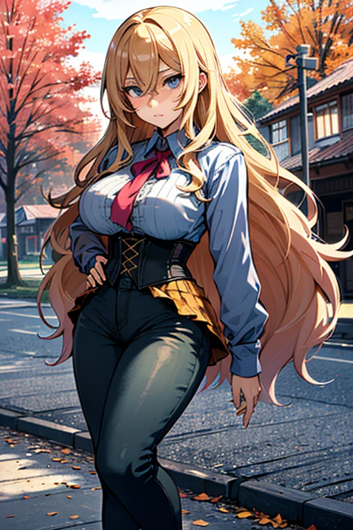 Illustration of a young, female teacher in an anime style. She has long, wavy blonde hair with pink highlights, wearing a light blue, ruffled blouse and a black corset over skinny tight jeans the color of a dark green. She is wearing black riding boots. Her expression is serious and slightly surprised. She has blue eyes and extends her hand forward holding a blue book with golden characters on the cover. The background shows a landscape transitioning from autumn to winter, with trees bearing both colorful autumn leaves and frosty branches, under a chilly, overcast sky.