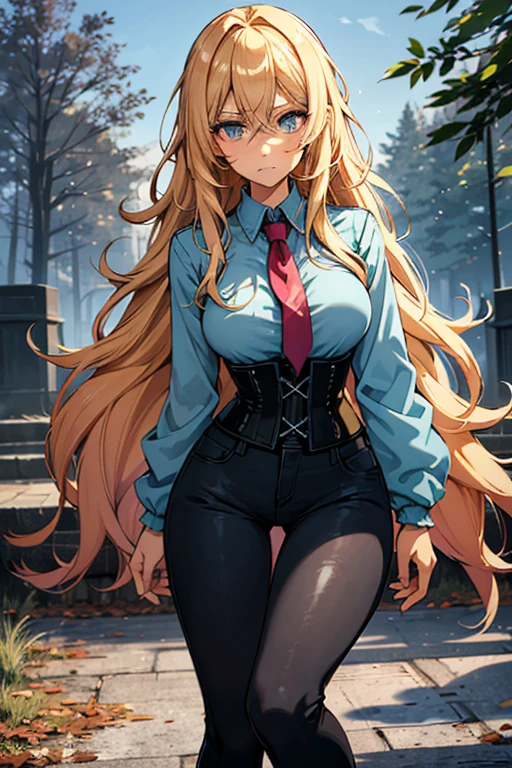 Illustration of a young, female teacher in an anime style. She has long, wavy blonde hair with pink highlights, wearing a light blue, ruffled blouse and a black corset over skinny tight jeans the color of a dark green. She is wearing black riding boots. Her expression is serious and slightly surprised. She has blue eyes and extends her hand forward holding a blue book with golden characters on the cover. The background shows a landscape transitioning from autumn to winter, with trees bearing both colorful autumn leaves and frosty branches, under a chilly, overcast sky.