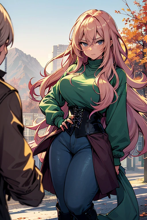 Illustration of a young, female teacher in an anime style. She has long, wavy blonde hair with pink highlights, wearing a light blue, ruffled blouse and a black corset over skinny tight jeans the color of a dark green. She is wearing black riding boots. Her expression is serious and slightly surprised. She has blue eyes and extends her hand forward holding a blue book with golden characters on the cover. The background shows a landscape transitioning from autumn to winter, with trees bearing both colorful autumn leaves and frosty branches, under a chilly, overcast sky.