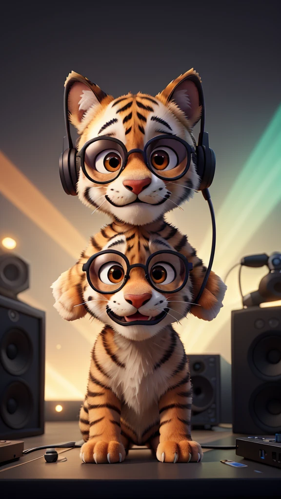 Generate an image of a furry tiger cub with headphones in his ear listening to electronic music with sunglasses, highly happy in front of a DJ table with LED lights in front and behind