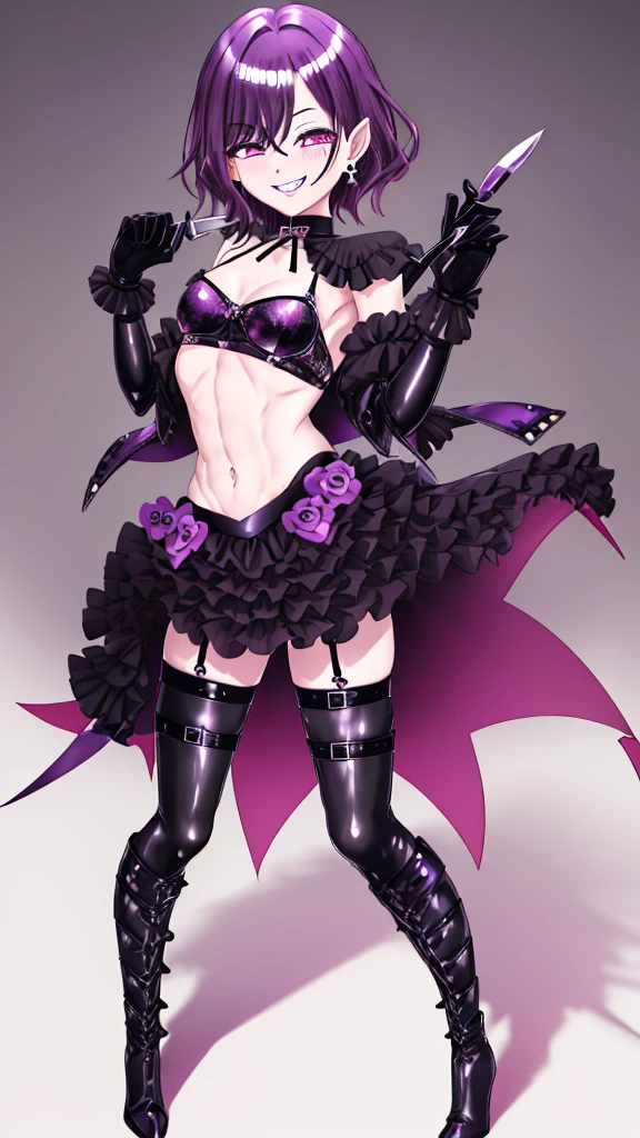 Highest quality, High resolution, One Girl, Higuchi Madoka, , Purple Hair, Mole under the eyes, Mole, hair ornaments, Valletta, , short hair,,, prohibit, Purple eyes, ,},{{alone,Boyish 1 Girl}} Are standing,,{18-year-old},Black trench coat and leather boots} Show Viewer,, tattoo, High heels, but, belly button, smile, Purple Lipstick、Pink Eyes、Grin、smile, 軽いsmile, anger, blush, saliva, black micro mini skirt、 tattoo、（濃いPurple Lipstick、Purple lips）Pink thigh-high boots、Highlight the face、、（濃いPurple Lipstick、Purple lips）Purple eyes, Purple lips、Absolute area、Leather Micro Mini Skirt、Browsing Caution、Holding a knife、Licking the knife、Abdominal muscles、bad woman、sadistic、Disgust、Bloodbath、Are standing，Braiding, gloves, Holding, Show Viewer, black gloves, Earrings, Black skirt with frills, Center of chest, Black enamel boots, 邪悪なsmile, Devilish Grin, (Shiny fabric:1.5), Full Body Shot, Purple Gemstone, Seductive pose, blush, 