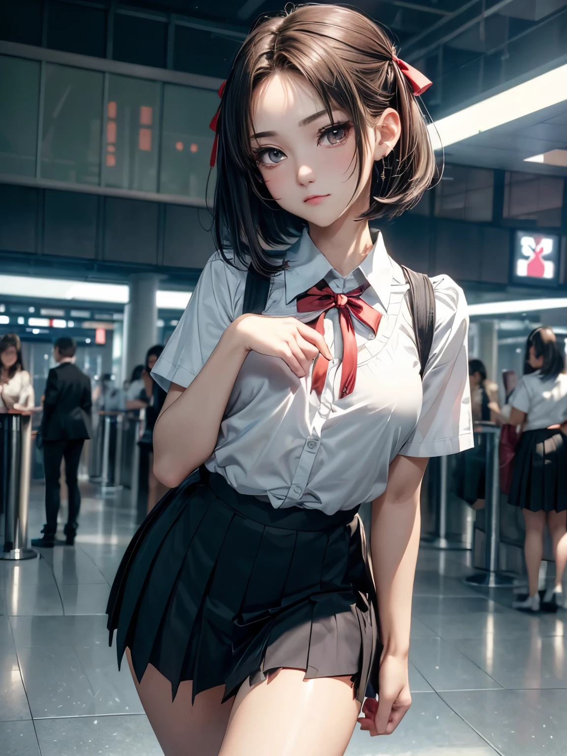 ((Best of the highest quality, 8k, Masterpiece, raw photo: 1.1)), (Sharp focus: 1.1), (1 AESPA, slim body type female, 22 y/o: 1.1), solo, Portrait Waist Up, (realistic, photo-realistic:1.37), face focus, finely small eyes, (forehead, short bob hair: 1.32), (sharp chin, droopy eyes: 1.32), (sad eyes: 1.1), (Emphasize prominent aegyo-sal with bright: 1.28), shimmering eyeshadow applied under the lower lash line, paired with thick, (small breasts, flat chest, thigh: 1.2), (short bob hair: 1.2), (school uniform, ribbon: 1.28), walking airport terminal, flower, anime