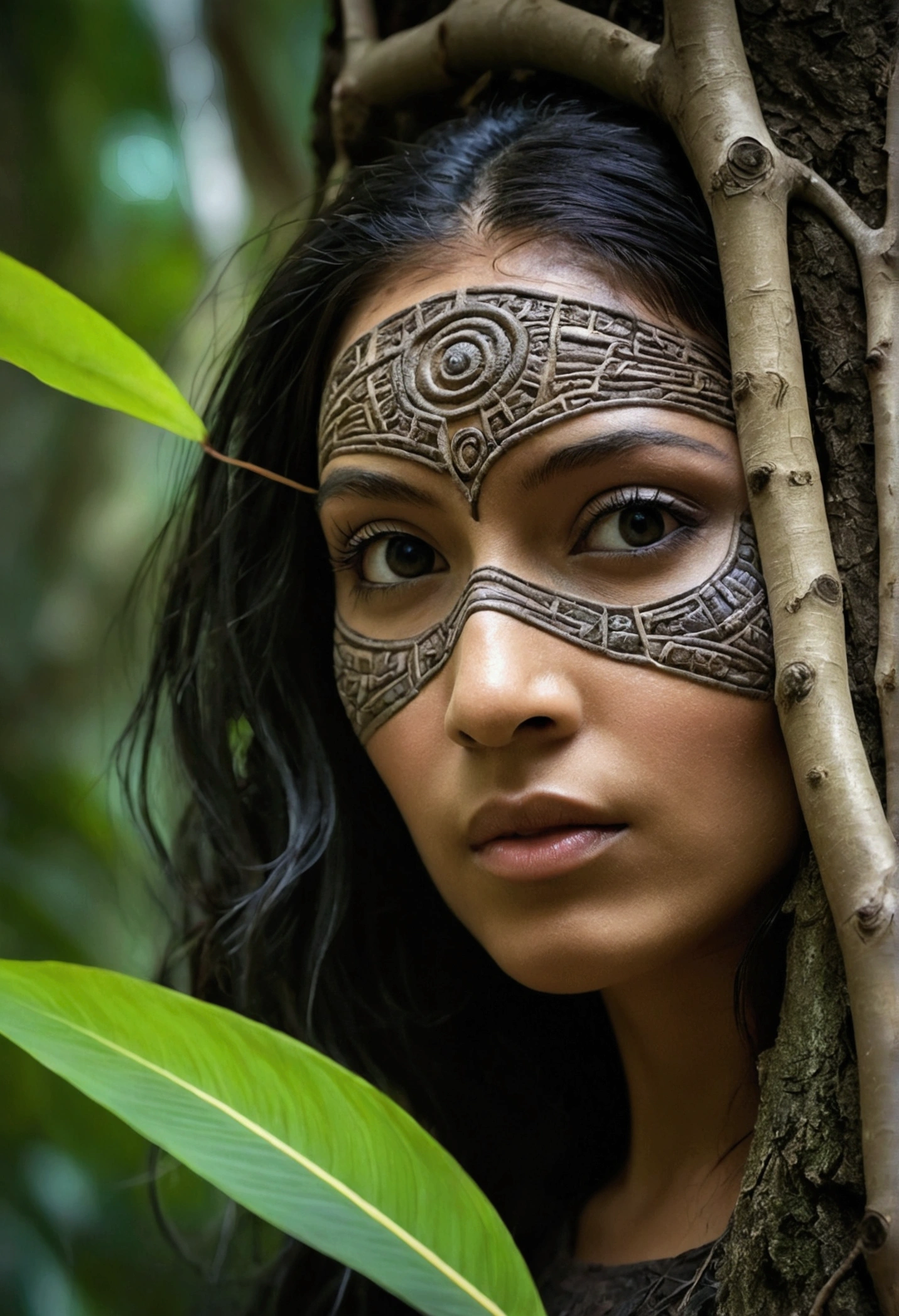 Many types of trees There are leaves and branches and trunks colliding together. It looked like the face of a young woman. It is a dream image created by the magic and wonders of the Mayan city....AI image, Gothic art, depth of field, blending, motion lines