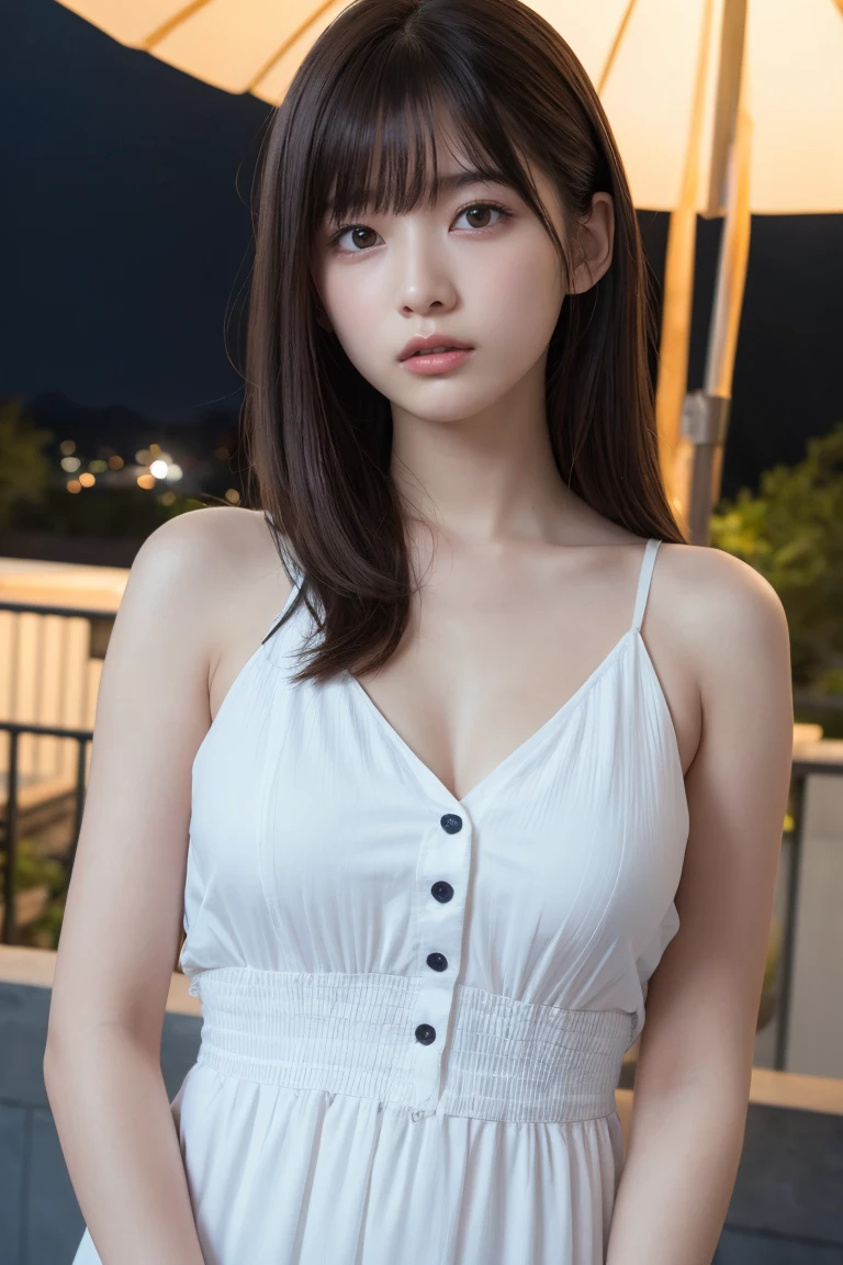 masterpiece、1 beautiful girl、Detailed eyes、Puffy eyes、Highest quality, 超High resolution, (Reality: 1.4), Cinema Lighting、Japanese、Asian Beauty、Korean、Super Beauty、Beautiful Skin、Slender、Body facing forward、(Surreal)、(High resolution)、(8k)、(Very detailed)、(Beautiful and detailed eyes)、(Ultra-detailed)、 (wallpaper)、Detailed face、Bright lighting、Professional Lighting、View your viewers、Look straight ahead、The outfit is a clean light orange shirt and dress.....、46 point diagonal bangs、Night Scenery、Brown Hair、Nogizaka Idol、Korean Idol、Gravure idol pose、、Age 25、expensive,