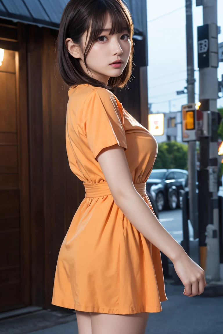 masterpiece、1 beautiful girl、Detailed eyes、Puffy eyes、Highest quality, 超High resolution, (Reality: 1.4), Cinema Lighting、Japanese、Asian Beauty、Korean、Super Beauty、Beautiful Skin、Slender、Body facing forward、(Surreal)、(High resolution)、(8k)、(Very detailed)、(Beautiful and detailed eyes)、(Ultra-detailed)、 (wallpaper)、Detailed face、Bright lighting、Professional Lighting、View your viewers、Look straight ahead、The outfit is a clean light orange shirt and dress.....、46 point diagonal bangs、Night Scenery、Brown Hair、Nogizaka Idol、Korean Idol、Gravure idol pose、、Age 25、expensive,