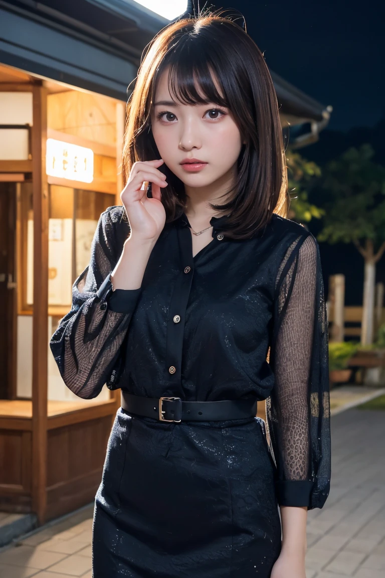 masterpiece、1 beautiful girl、Detailed eyes、Puffy eyes、Highest quality, 超High resolution, (Reality: 1.4), Cinema Lighting、Japanese、Asian Beauty、Korean、Super Beauty、Beautiful Skin、Slender、Body facing forward、(Surreal)、(High resolution)、(8k)、(Very detailed)、(Beautiful and detailed eyes)、(Ultra-detailed)、 (wallpaper)、Detailed face、Bright lighting、Professional Lighting、View your viewers、Look straight ahead、The outfit is a clean light orange shirt and dress.....、46 point diagonal bangs、Night Scenery、Brown Hair、Nogizaka Idol、Korean Idol、Gravure idol pose、、Age 25、expensive,