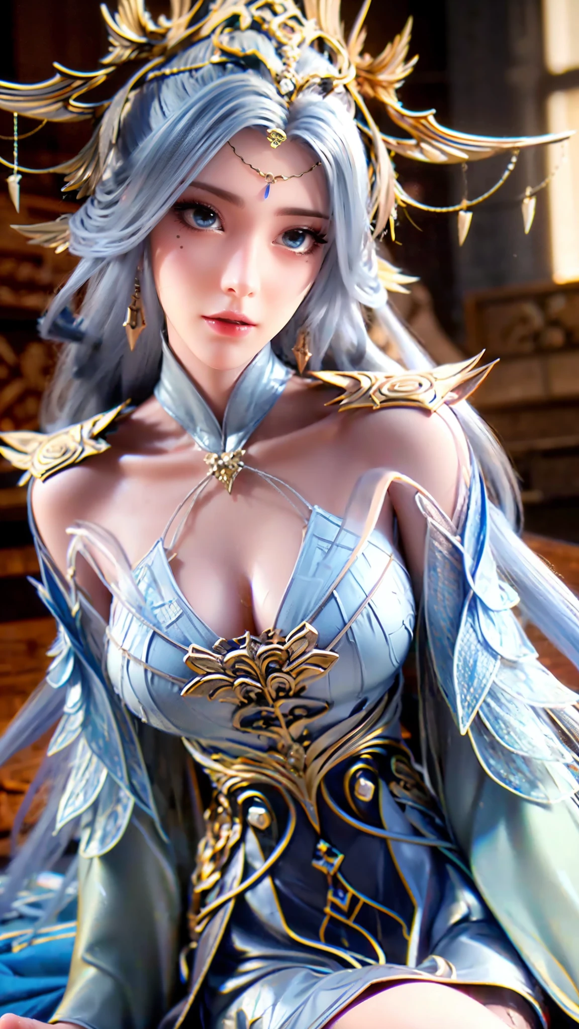 a beautiful young woman with long hair, wearing a nightgown, sitting on a bed, barefoot, in a dress, lying on her side, cross-legged, full body shot, (best quality,4K,8k,highres,masterpiece:1.2),ultra-detailed,(realistic,photorealistic,photo-realistic:1.37),beautiful detailed eyes,beautiful detailed lips,extremely detailed eyes and face,longeyelashes,natural lighting,warm tones,soft focus,portraits,clair obscur,depth of field,(((Light blue long hair)))