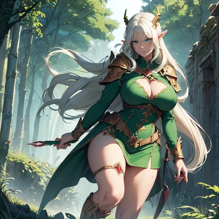 Elf, bikini warrior, huge breast, thicc thigh, holding sword, slingshot bikini, smile, jungle, clear view.