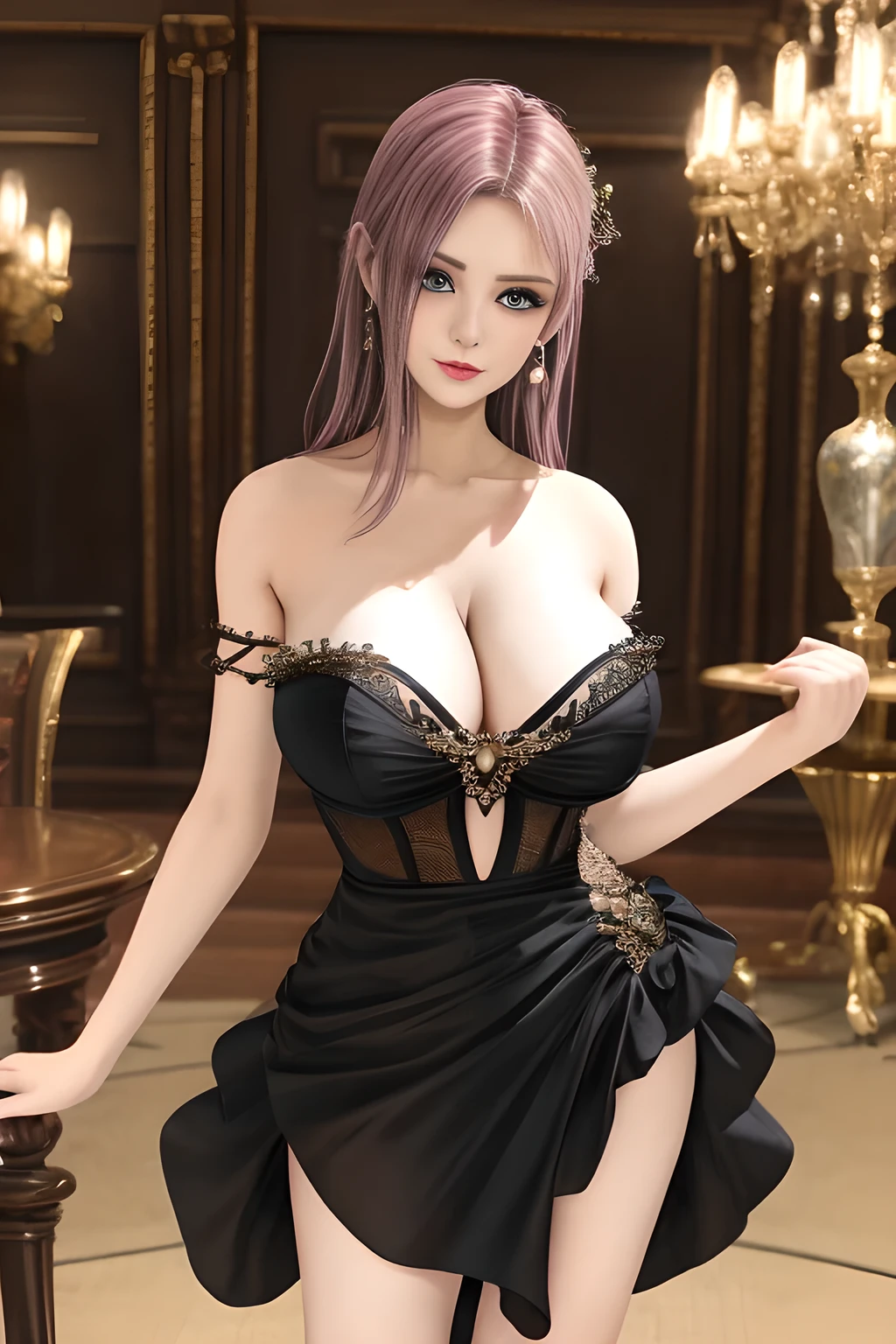1girl is wearing an elegant black strapless dress. The dress is beautifully designed with ruching on the bodice and a cascading ruffled asymmetrical hem, adding a playful and chic touch to the outfit. The person is standing upright, with one hand gently touching their leg and the other hand relaxed by their side. The background is plain and neutral, drawing attention to the dress itself. The lighting is soft, highlighting the details of the dress and creating a fashionable and stylish atmosphere,, huge breasts, elise