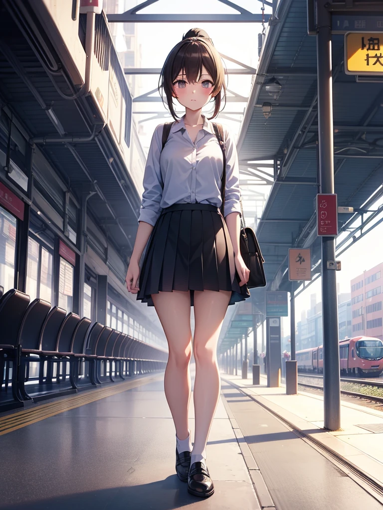 masutepiece, Best Quality, High resolution, Extremely detailed, Detailed background, Cinematic lighting, 1girl in, Looking at Viewer, midium skirt, Pleated skirt, Standing, Full body, Sunlight, Waiting train, train station, Stand on the platform , City Girl,ponytail