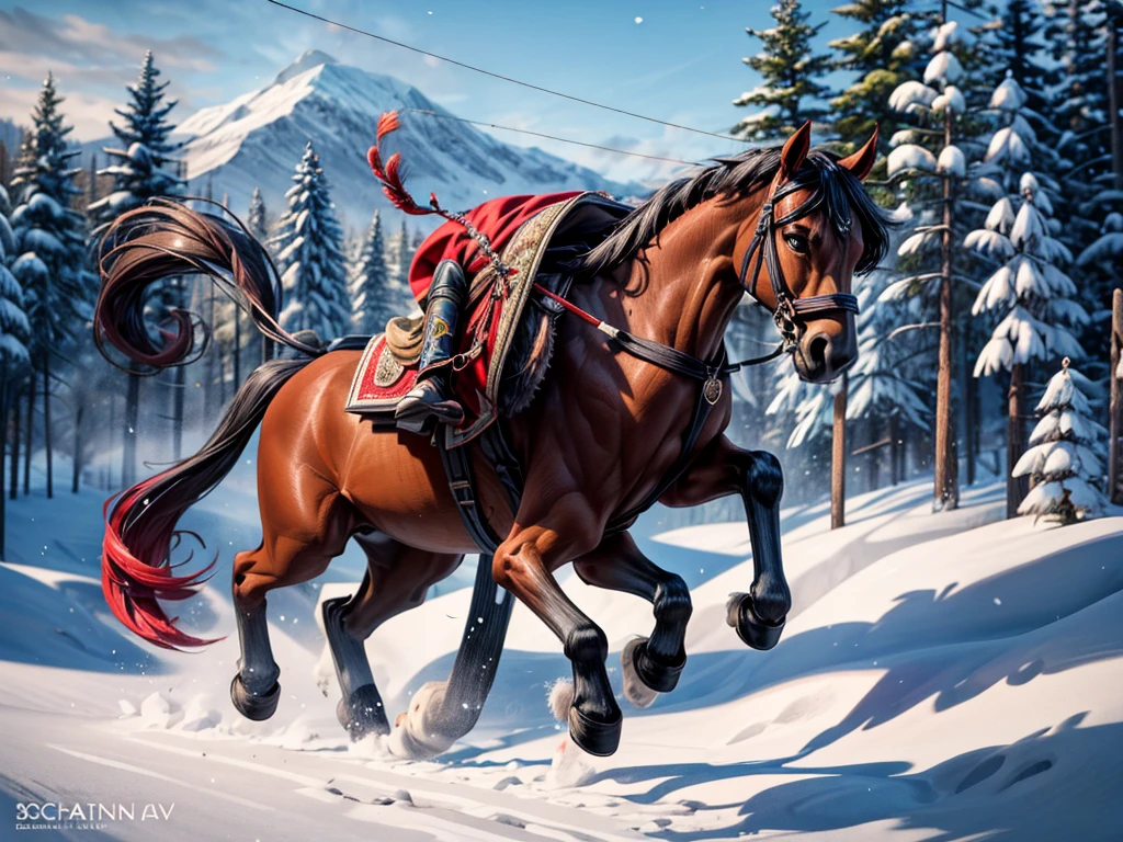 Red Dala horse with beautiful wire., Dalana, Swedish, Running cheerfully in the snow , contemporary art, Photorealistic , Very high resolution artwork , 8K , Snow Mountain, pine forest, bright blue sky