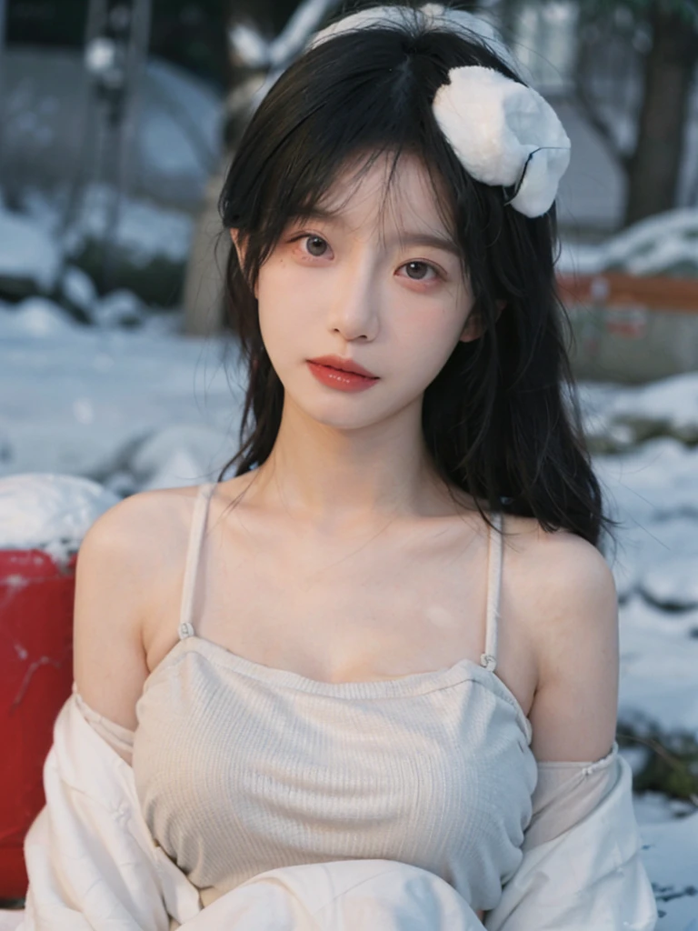 Portrait photography，1 girl，Snow Scene，Snowing background，Push-up non-slip tube top ，（whole body：1.4），Lipstick，(Big Breasts:1.6)，Headband，serene，calm，(Realistic and detailed eyes，Natural skin texture，Realistic facial details)，