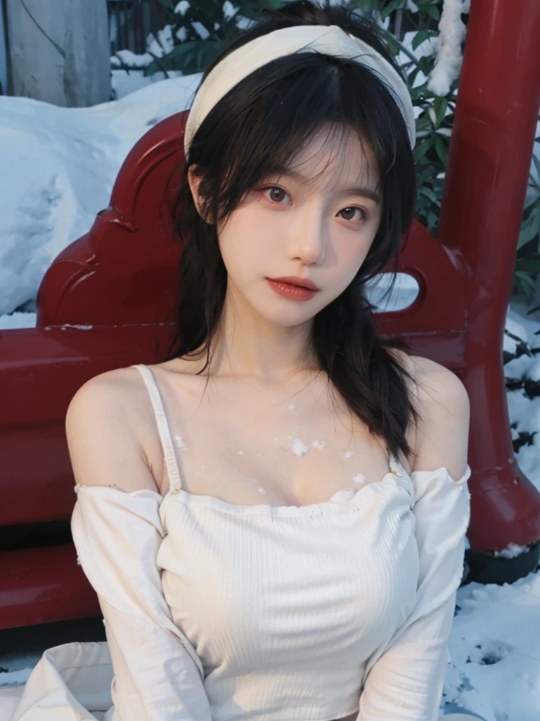 Portrait photography，1 girl，Snow Scene，Snowing background，Push-up non-slip tube top ，（whole body：1.4），Lipstick，(Big Breasts:1.6)，Headband，serene，calm，(Realistic and detailed eyes，Natural skin texture，Realistic facial details)，