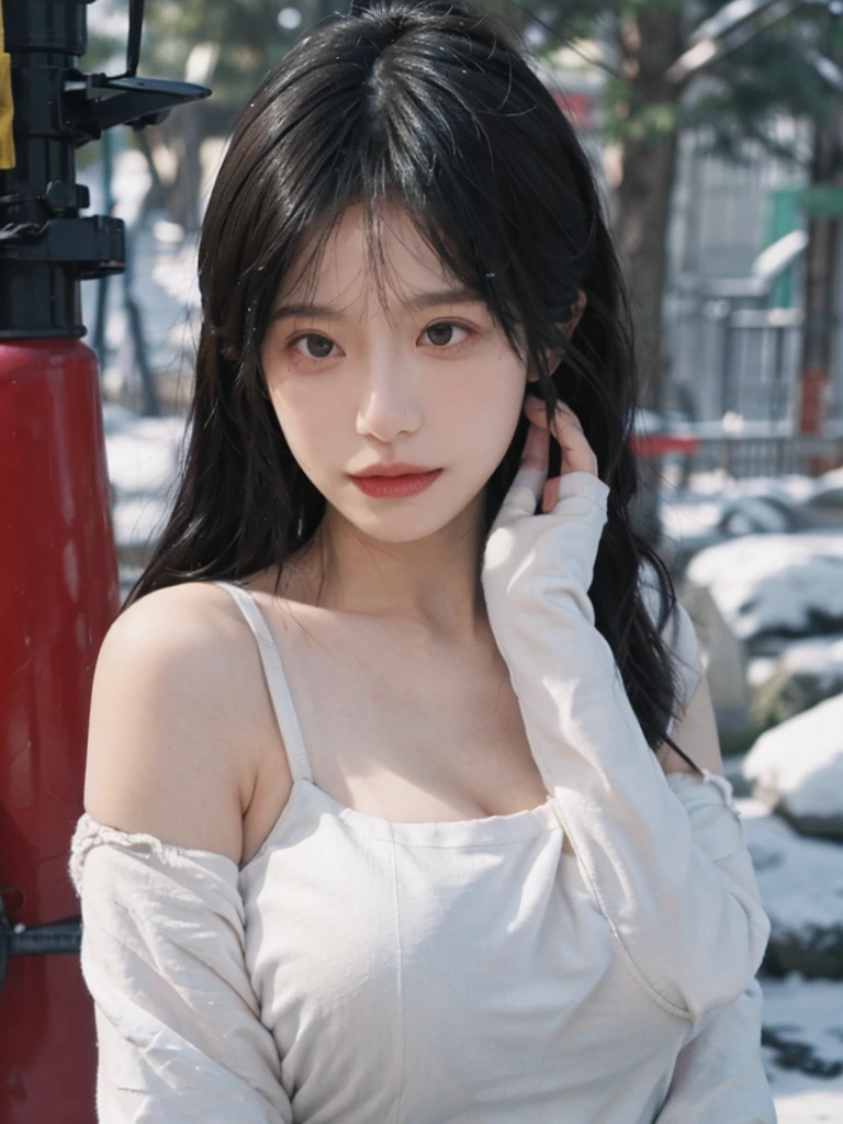 Portrait photography,1 girl,Snow Scene,Snowing background,Push-up non-slip tube top ,(whole body:1.4),Lipstick,(Big Breasts:1.6),Headband,serene,calm,(Realistic and detailed eyes,Natural skin texture,Realistic facial details),