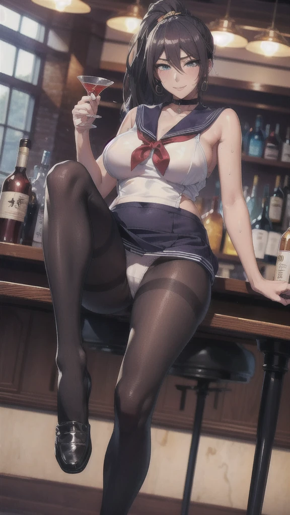((Correct Anatomy)),((Bar counter)),((Holding a cocktail glass)),((((Sailor suit)))),((Beautiful feet)),((White lace panties)),((A shy smile)),((mini skirt)),((Black Pantyhose)),((black tights)),((high school girl)),Ultra-high resolution,Mature Woman, Mature Woman, Very detailed,Extremely fine skin,Beautiful Skin,((Sweating all over the body)),(Big Breasts),((Beautiful legs)),Perfect hands, Detailed fingers, Beautiful details, ((Long Hair)),((ponytail)),Black choker, Earrings,loafers,Luxury,Perfect Eyes, Captivating eyes