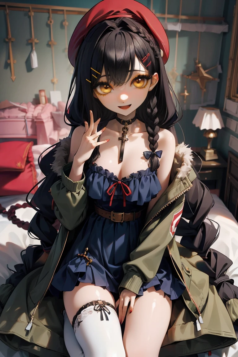 (masterpiece:1.2), (high quality:1.2), girls with((1girl, solo, black hair, yellow eyes, smiling, (wavy long hair, wearing a red beret, hairclips, braids:1.45), bare shoulder, blush, breasts, choker, cleavage, coat, cowboy shot, long dress, blue lace dress, camisole, ribbon waist belt, black ribbon belt, red bow, red ribbon, neck ribbon, collar, collarbone, rosary, rosary choker, cross, fur, fur trim, parka, khaki hoodie, green hoodie, khaki jacket, hood down, hooded coat, hooded jacket, hoodie, jacket, large breasts, long sleeves, medium breasts, open clothes, open coat,open hoodie, sleeveless, winter clothes, zipper, cleavage, upper body, hand up, waving, palm, white thighhighs, single thighhigh, exposed legs, exposed foots, left thighhigh, solo, legs, high heels, sittings)), background with((bedroom, room:2.0))