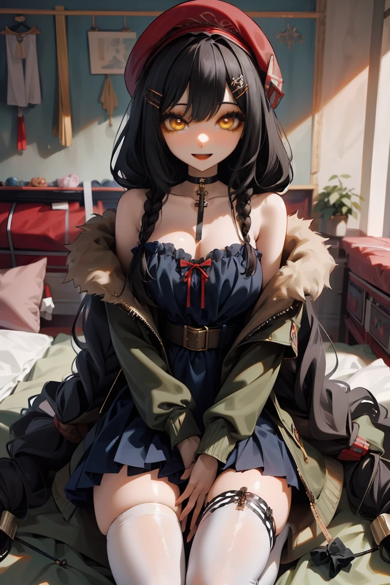 (masterpiece:1.2), (high quality:1.2), girls with((1girl, solo, black hair, yellow eyes, smiling, (wavy long hair, wearing a red beret, hairclips, braids:1.45), bare shoulder, blush, breasts, choker, cleavage, coat, cowboy shot, long dress, blue lace dress, camisole, ribbon waist belt, black ribbon belt, red bow, red ribbon, neck ribbon, collar, collarbone, rosary, rosary choker, cross, fur, fur trim, parka, khaki hoodie, green hoodie, khaki jacket, hood down, hooded coat, hooded jacket, hoodie, jacket, large breasts, long sleeves, medium breasts, open clothes, open coat,open hoodie, sleeveless, winter clothes, zipper, cleavage, upper body, hand up, waving, palm, white thighhighs, single thighhigh, exposed legs, exposed foots, left thighhigh, solo, legs, high heels, sittings)), background with((bedroom, room:2.0))