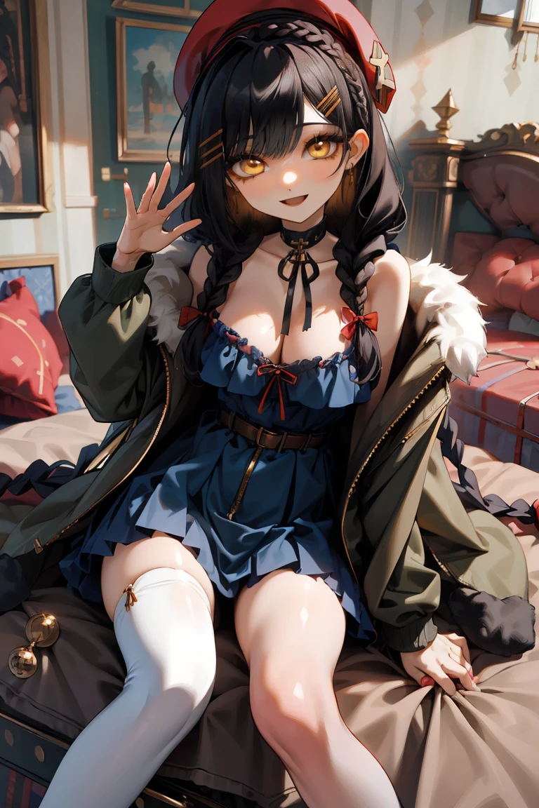 (masterpiece:1.2), (high quality:1.2), girls with((1girl, solo, black hair, yellow eyes, smiling, (wavy long hair, wearing a red beret, hairclips, braids:1.45), bare shoulder, blush, breasts, choker, cleavage, coat, cowboy shot, long dress, blue lace dress, camisole, ribbon waist belt, black ribbon belt, red bow, red ribbon, neck ribbon, collar, collarbone, rosary, rosary choker, cross, fur, fur trim, parka, khaki hoodie, green hoodie, khaki jacket, hood down, hooded coat, hooded jacket, hoodie, jacket, large breasts, long sleeves, medium breasts, open clothes, open coat,open hoodie, sleeveless, winter clothes, zipper, cleavage, upper body, hand up, waving, palm, white thighhighs, single thighhigh, exposed legs, exposed foots, left thighhigh, solo, legs, high heels, sittings)), background with((bedroom, room:2.0))