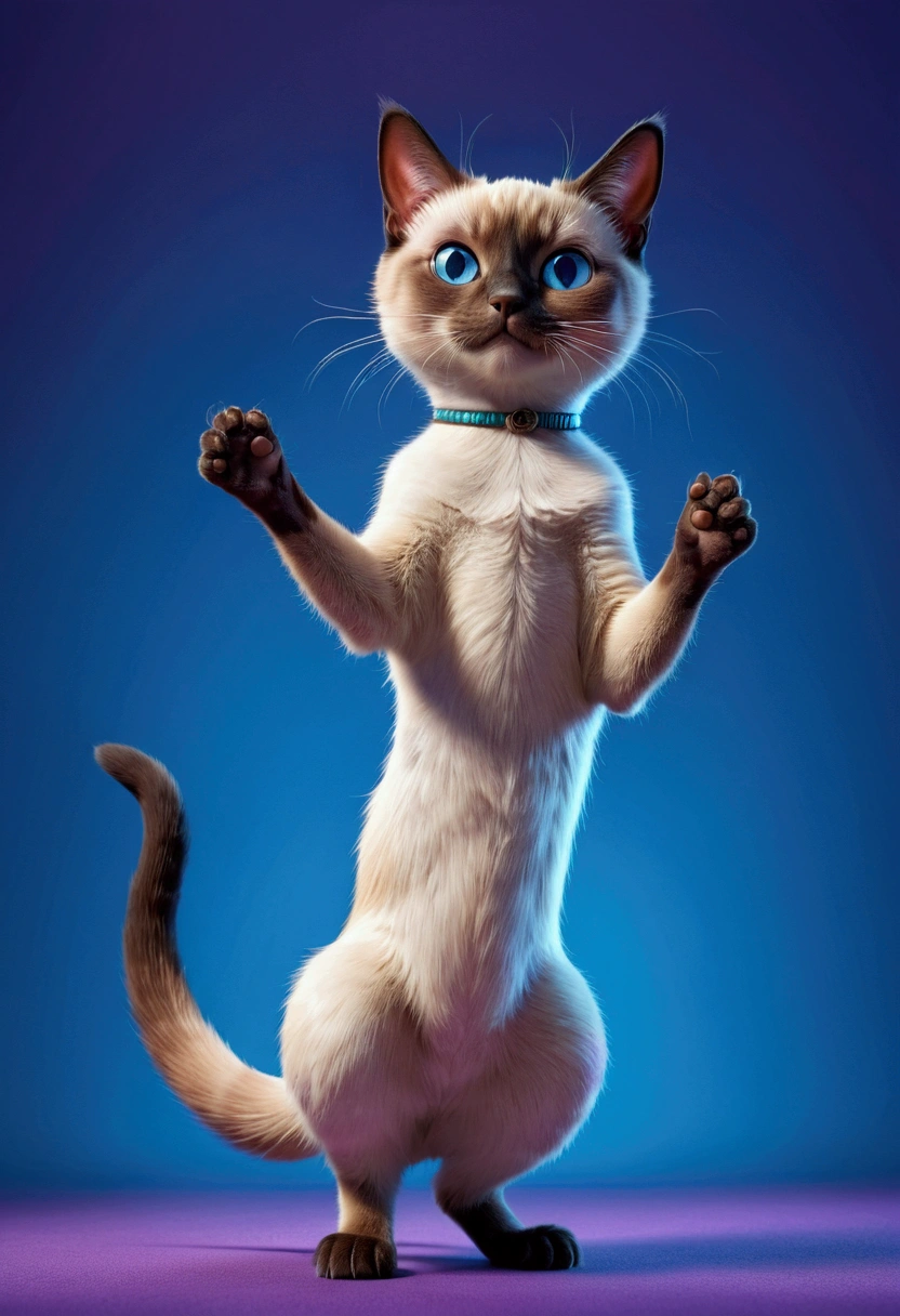siamese cat, in t-pose, Pixar style, full body, paws up, detailed feline features, cute and adorable, dynamic pose, colorful 3D render, vibrant lighting, studio lighting, ultra-detailed, (4k,8k,highres:1.2), ultra-detailed, masterpiece, best quality, very aesthetic, absurdres