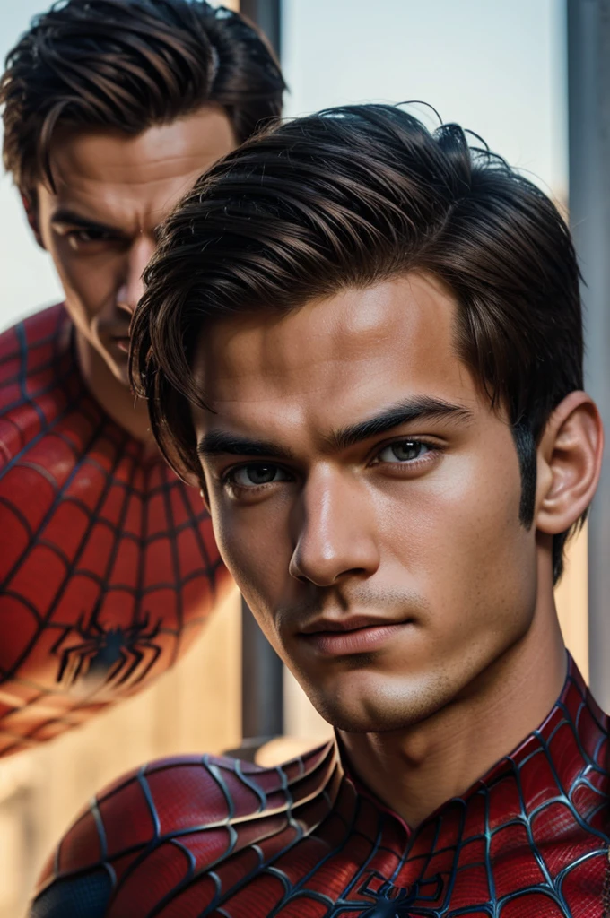 A photograph of spider man, no mask, 20 yo, handsome, detailed face, looking at camera, portrait, 8k uhd, high quality