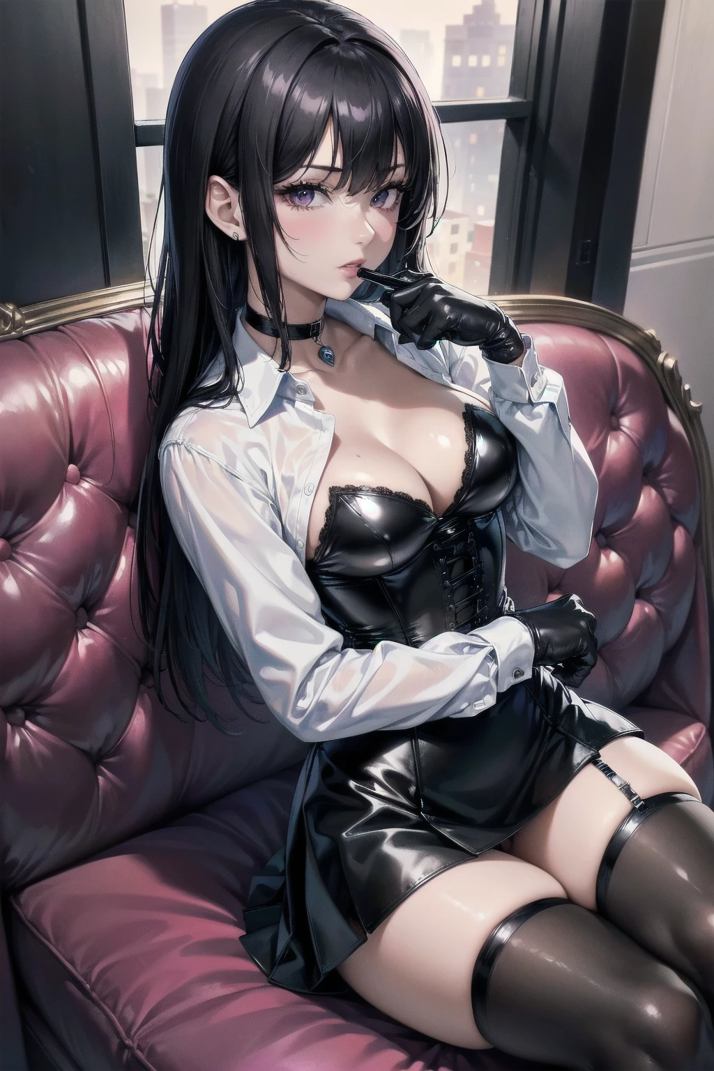  masterpiece, Superior image quality, High resolution, 4k image,photo and gross, photorealistic, whole body, 1 , sitting, {{{vagina}}}, beautiful face, long black hair, black eyes, very detailed eyes, pink cheeks, serious expression, choker:1.6, (white collar button down long sleeve shirt), black gloves, gloves that cover hands, holds a glass of wine, (black leather corset), (shiny black miniskirt), Sensual Lips, show details in the eyes, View from above, looking at the viewer, sitting en una silla elegante, Elegant living room, at night