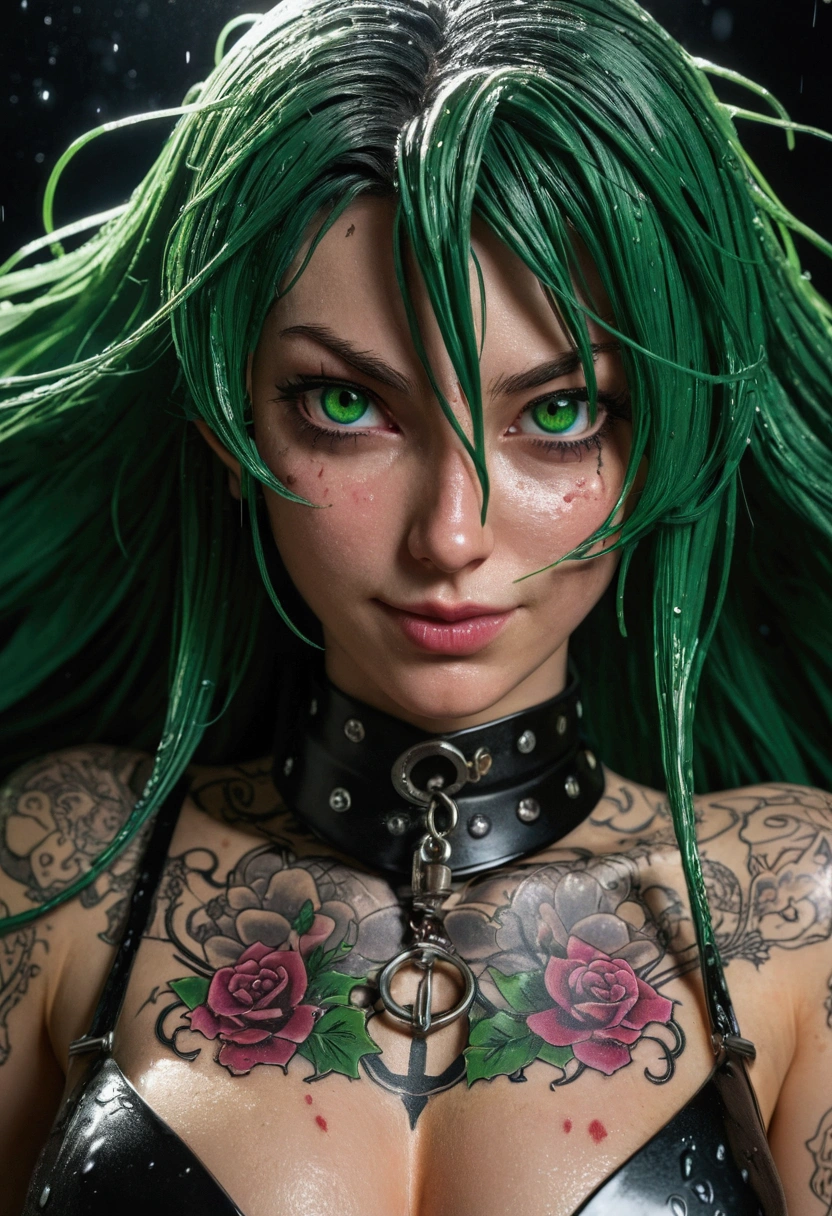 source_anime, rating_explicit, XXX, comic book style, NSFW, obscenely pornographic,  overview shot,  (1girl), Villainess,   wet hair,  dark, green eyes, beady, multiple tattoos, piercings, pussy juice,, sexy but clearly mentally-unstable, grinning wickedly, Highly detailed, crazy WOW FACTOR, simple background, dramatic direct lighting, DOF, cool composition, slight fisheye effect, key visuals SUPERPLASTIC and Guy Le Baube and Todd McFarlane, detailed, illustration, detailed, high_quality, masterpiece, intricate_details, absurdres, high_res,  wetting self,